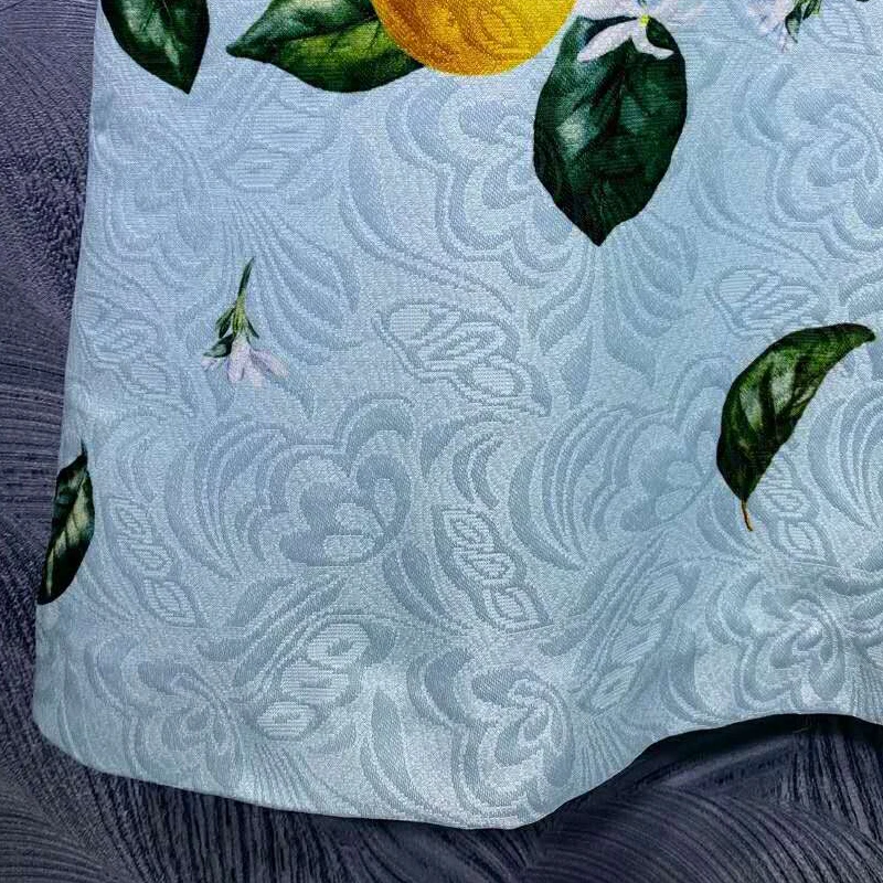 

SEQINYY Blue Jacquard Dress 2020 Summer Spring New Fashion Design Women Runway Beading Lemon Leaf Fruit Print Knee Belt