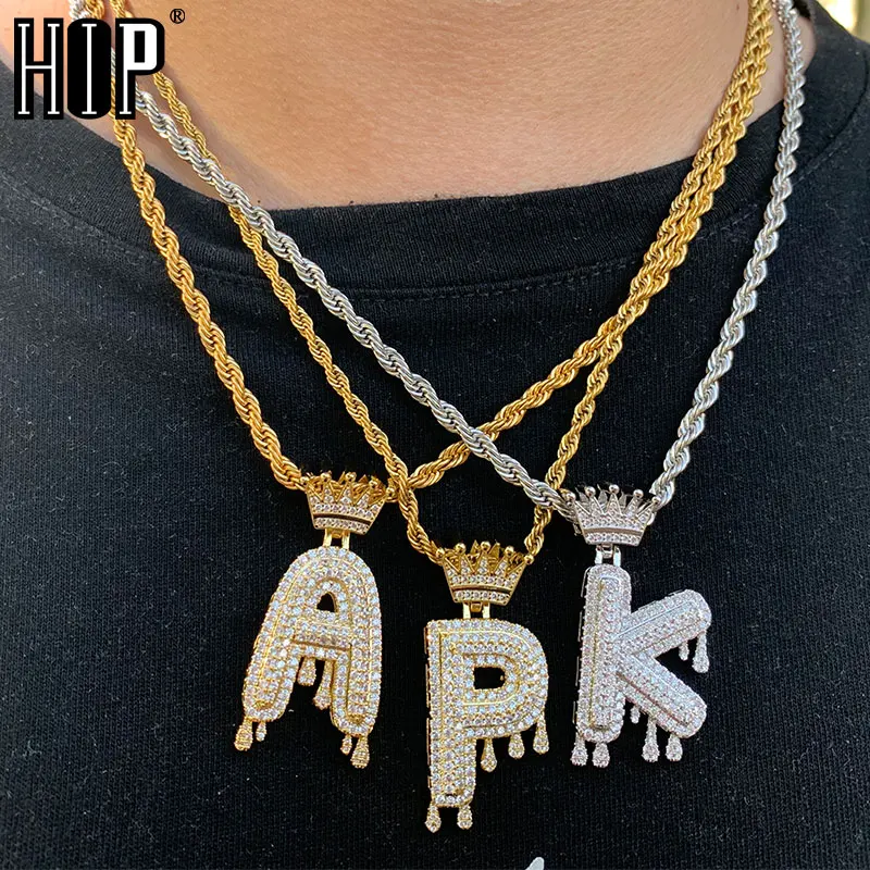 

Hip Hop Iced Out Bling Cubic A-Z Drip Crown Zircon Letters Necklaces & Pendant Chain For Men Jewelry with Rope Chain