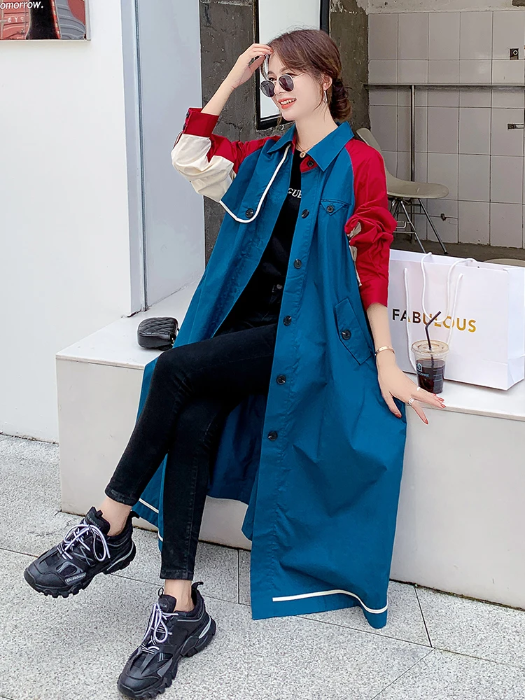 

2020 New Women's Patchwork Trench Coat Fashion Korean Single Breasted Vintage Chic Loose Long Windbreaker Female Outwear Autumn