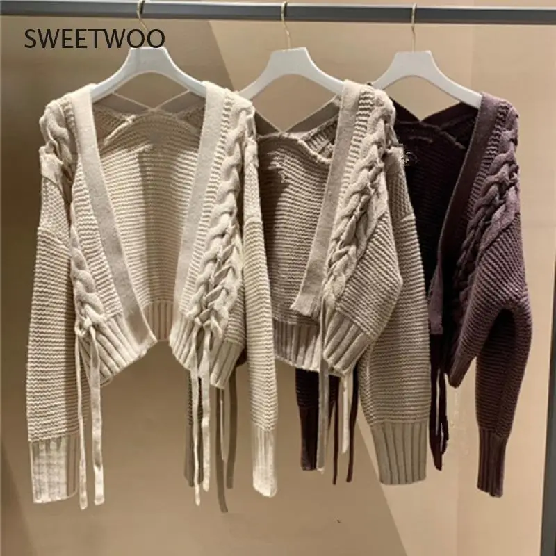 Autumn Winter New Sweaters Long Sleeve Hollow Out Weave Bandage Short Cardigan Japanese Fashion Women's Clothing 2021