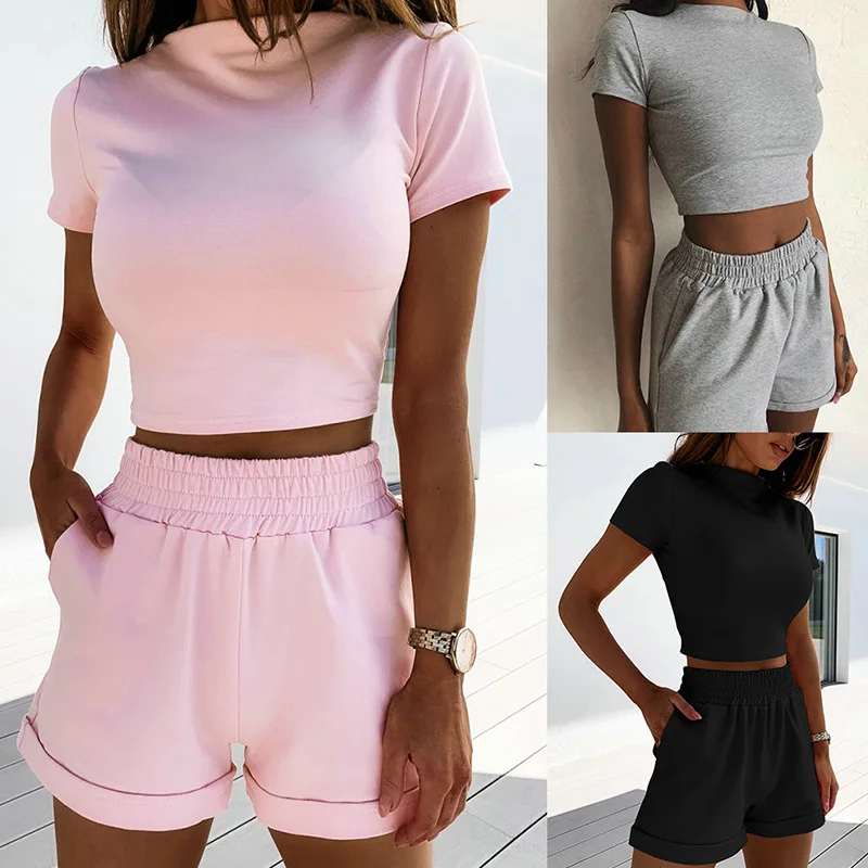 

2-piece set consisting of top and shorts, summer, for women, round neck, pocket decoration, elastic waist shorts