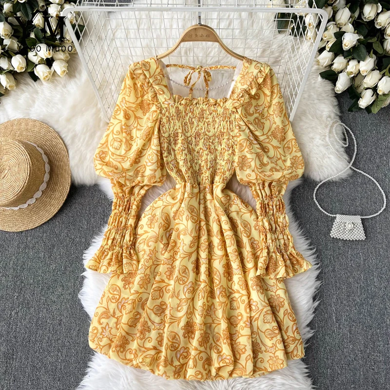 

YuooMuoo Elegant Puff Sleeve Women Dress Fashion Floral Print Luxury Retro Party Dress Chic Spring Autumn Korean Clothing