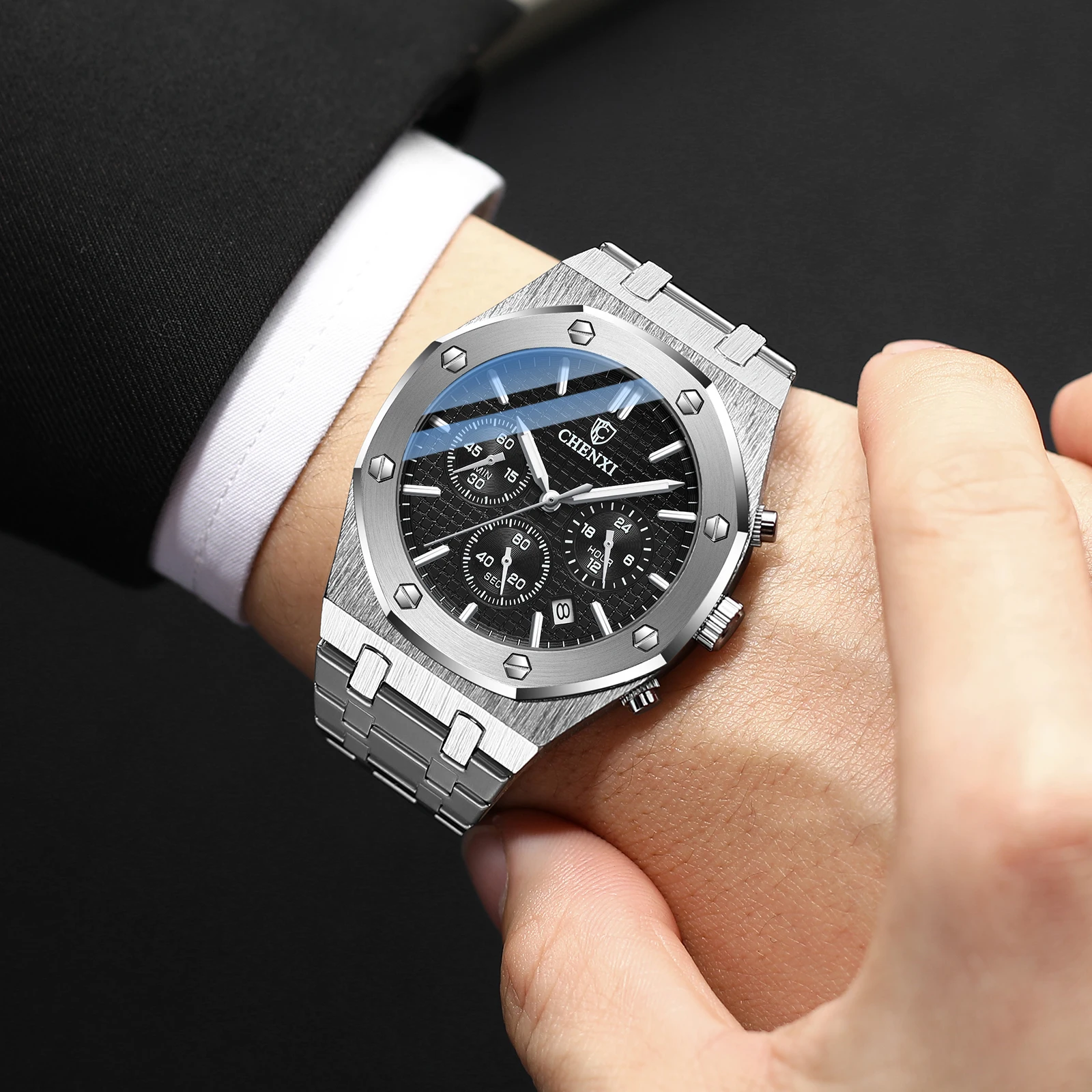 

CHENXI brand multi-function quartz watch fashion three-eye men's high-grade waterproof steel band men's watch