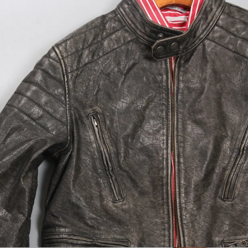 

Man Luxury Vintage Genuine Cow Leather Jackets Stand Collar Quality Cowhide Real Leather Coats Men Fashion Slim Zipper Overcoats