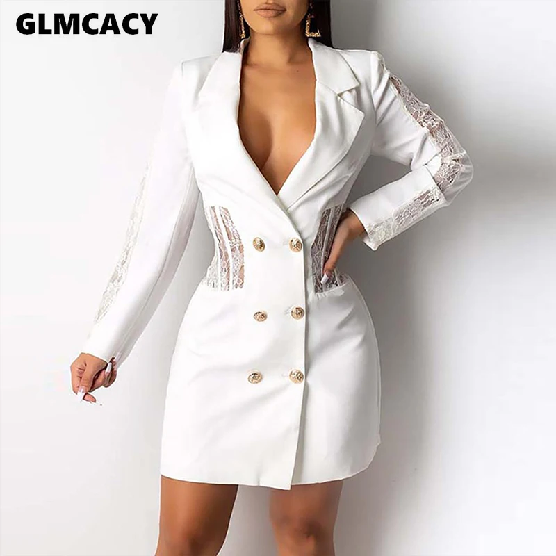 Женское двубортное платье блейзер с отложным воротником и длинным