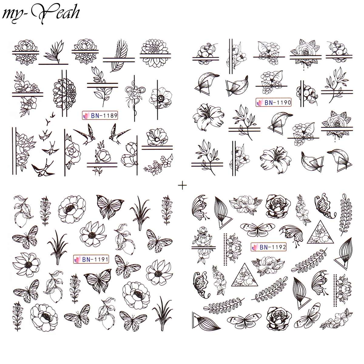 12Pcs Nail Art Flower Butterfly Series Black Water Transfer Stickers 3D DIY Watermark Decals Manicure Decoration Home | Красота и