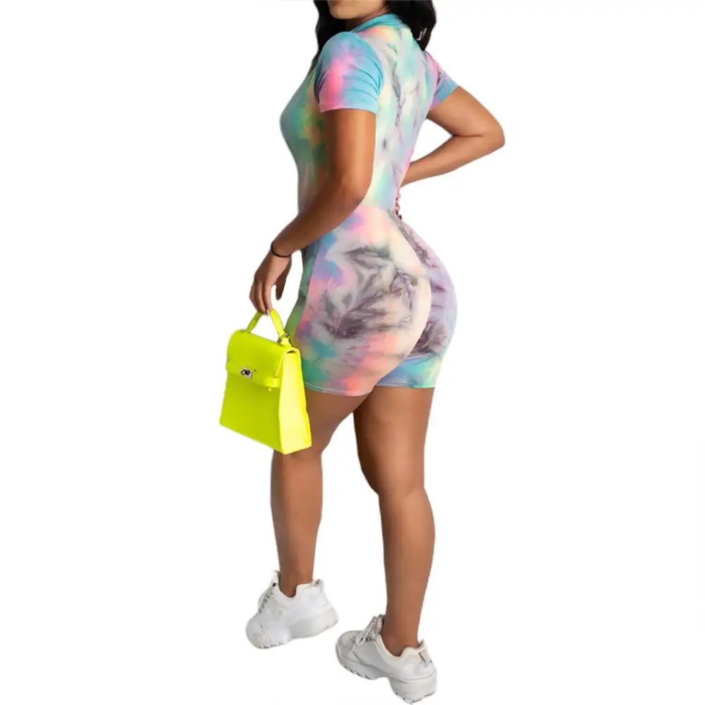 

2020 Fashion Women Tie dye Print Sexy Playsuits Bodycon Tops Short Sleeve Deep V Neck Zipped Romper Jumpsuits Shorts Summer
