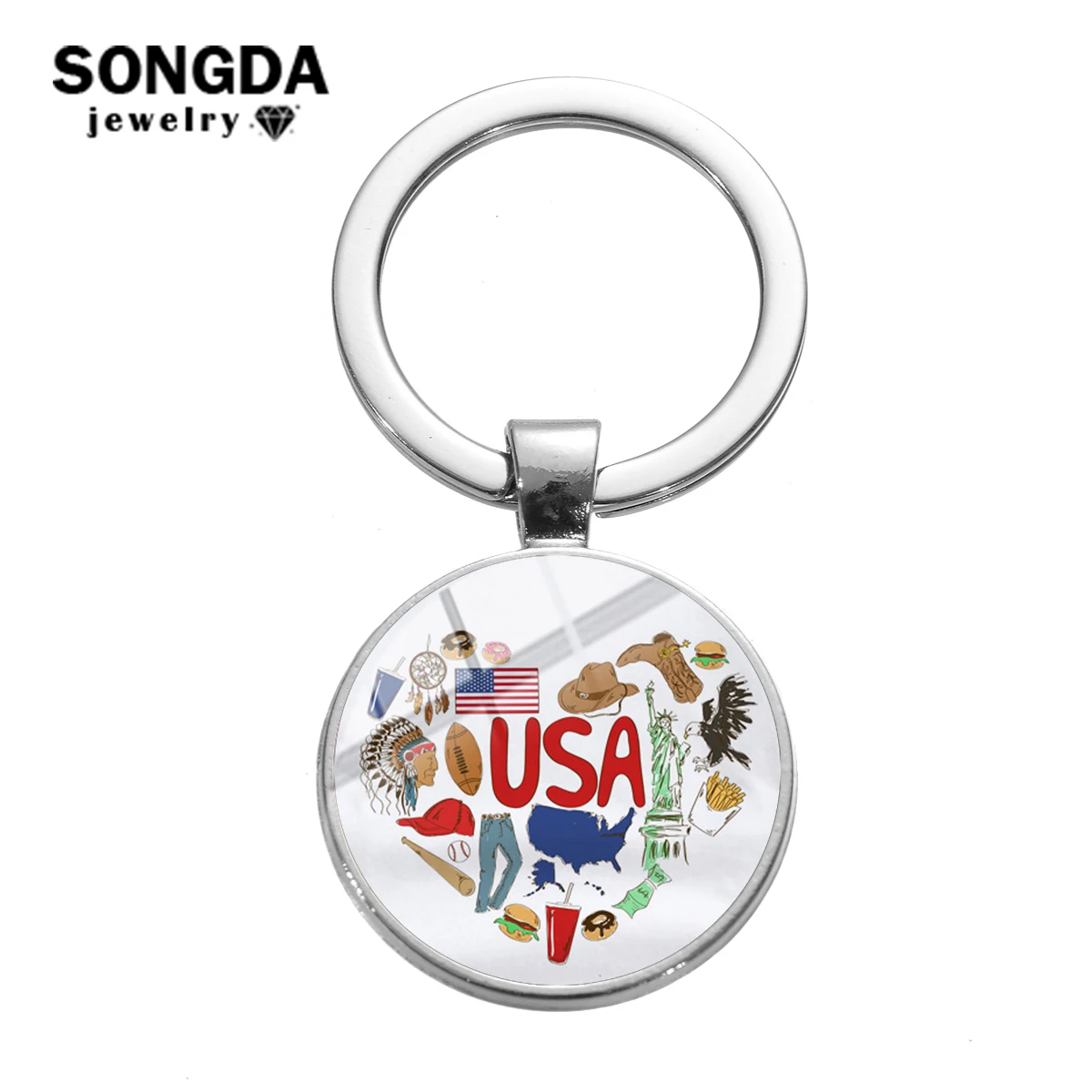 

SONGDA 2019 Novelty Multiple National Style Keychain USA Italy Finland Impressionist Art Patterns Glass Round Key Ring Idea Gift