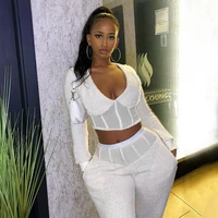 fluffy 2 piece pants sets sexy v neck long sleeve crop top patchwork high waist pants suit women casual white loungewear