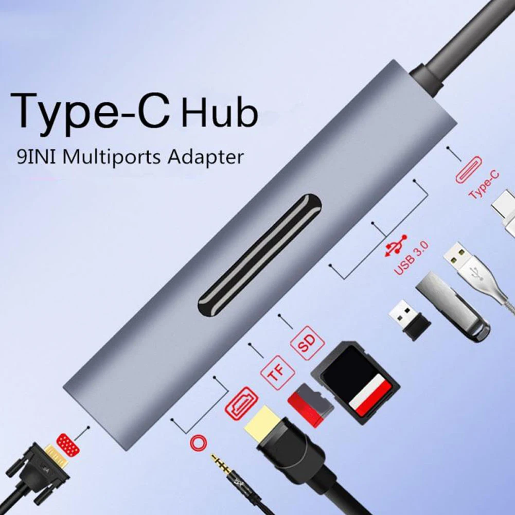 

2021 New Port Multiple Expander Hub USB C HUB 9 in 1 USB Type C to USB 3.0 Compatible PD TF Dock Splitter Hub