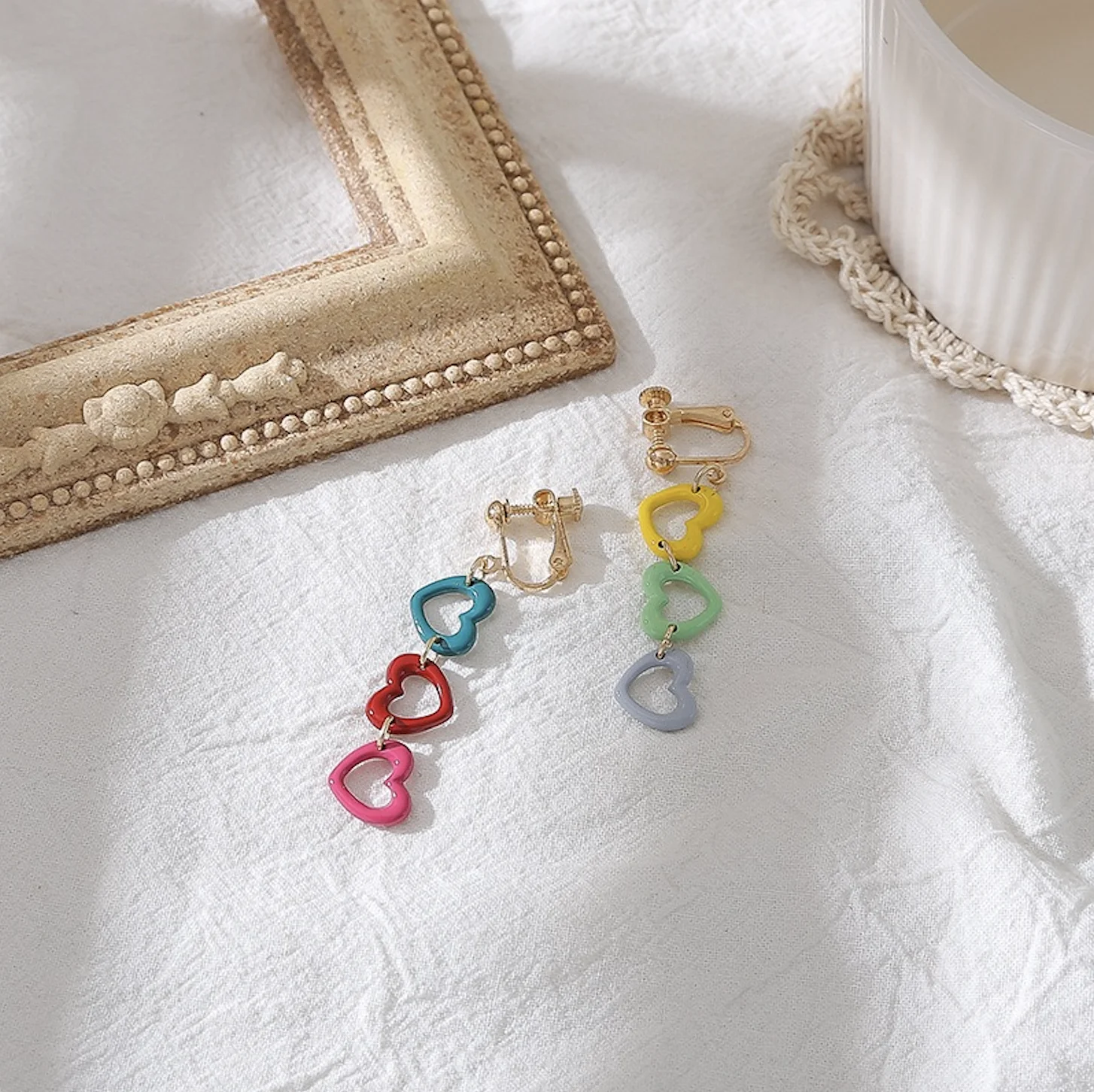 

7Rings 925 Silver Cute Trendy Style Red Heart Stud Earrings and Ear-clips for Women Girl Students Jewelry Accessories Gifts