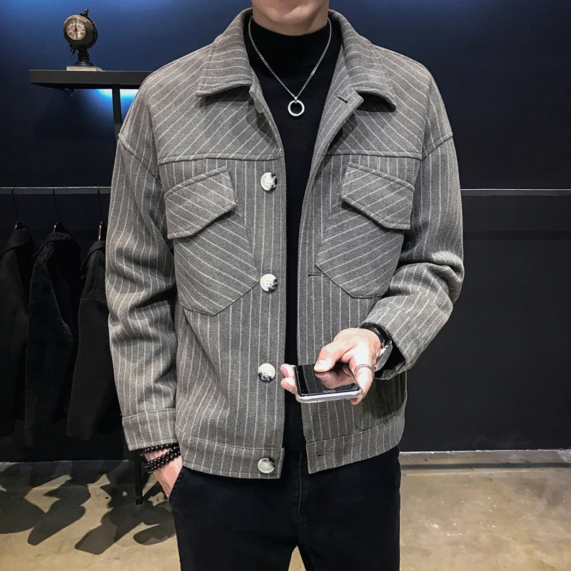 2019 мужское свободное шерстяное пальто осенние и зимние куртки короткий Тренч в