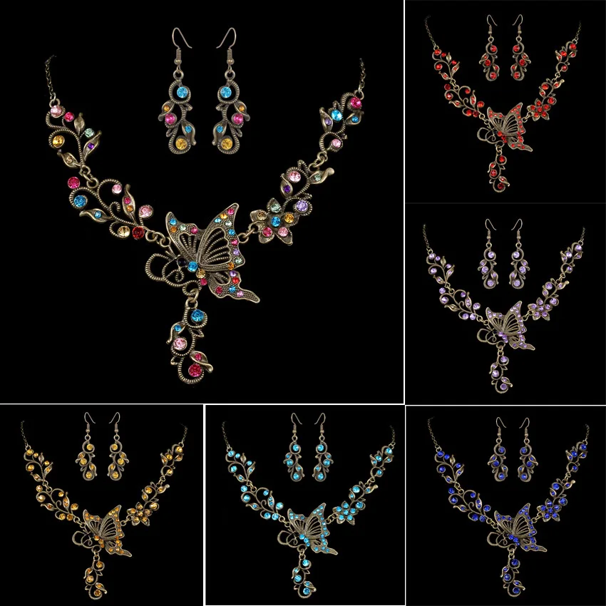 

European and American fashion butterfly jewelry retro inlaid zircon butterfly flower bridal set necklace factory direct sales