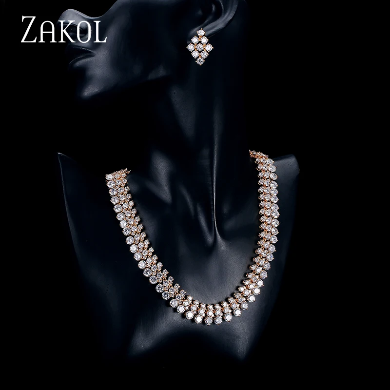 ZAKOL элегантный топ качество круглый кубический цирконий Кластер ожерелье серьги