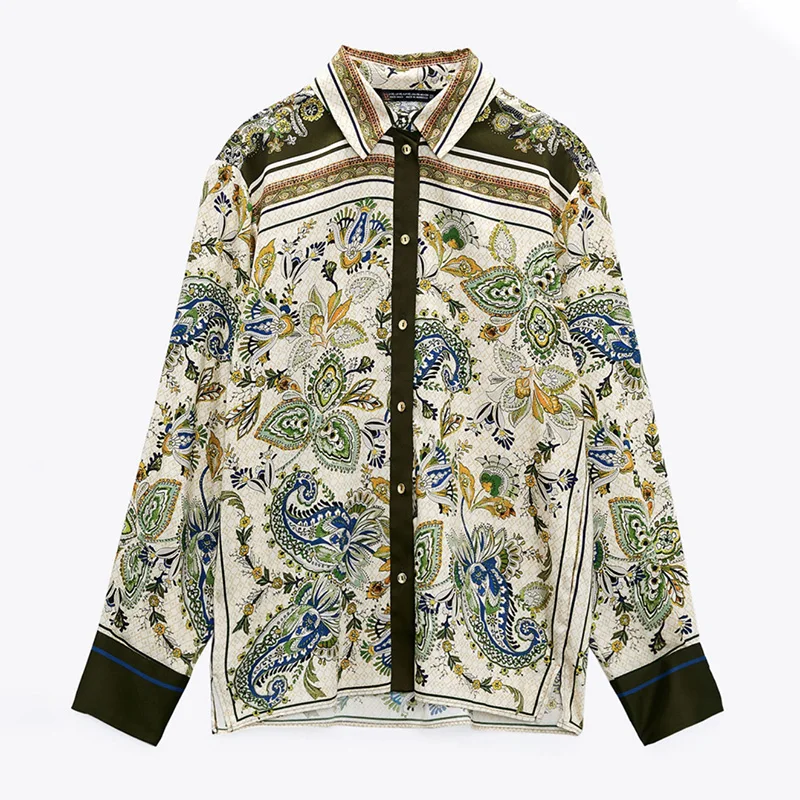 

Женская Повседневная рубашка Za, зеленая теплая винтажная рубашка с длинным рукавом и принтом, воротник со стандартным воротником, весна-осе...