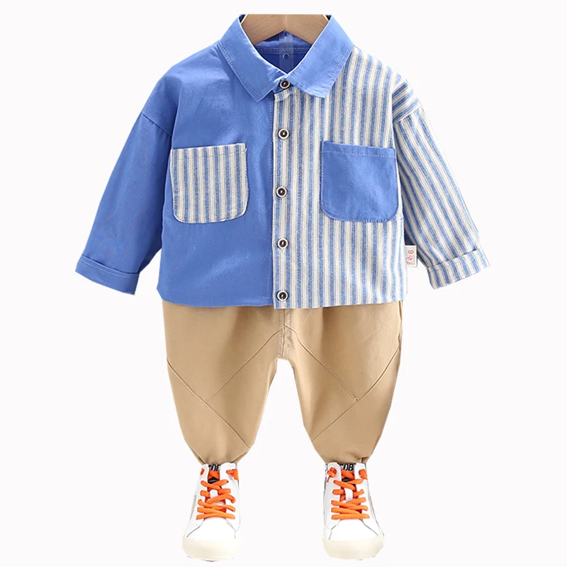 

Casual New Spring and Autumn Boys' Suits Lapel Stripe Color Matching Single-breasted Trousers Pocket Printing Children's Clothes