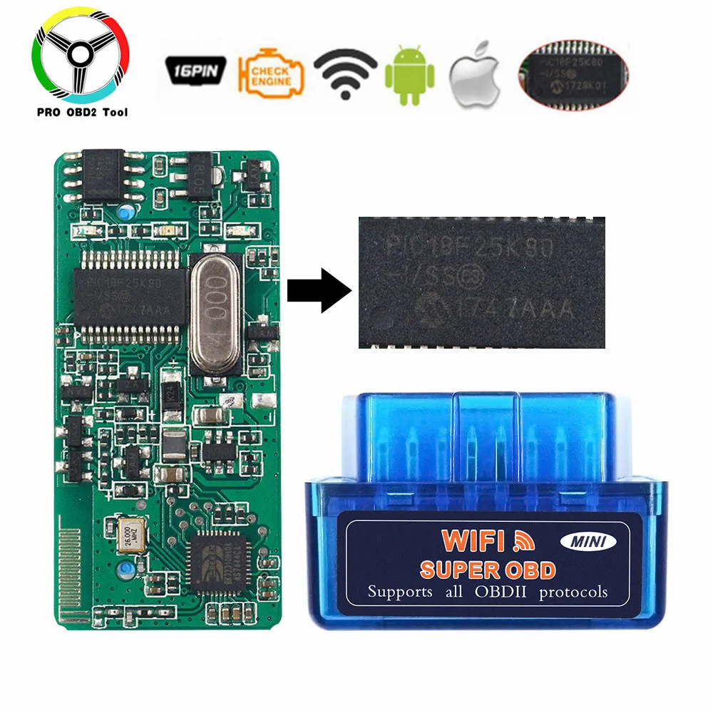 Супер Мини ELM327 V1.5 WiFi OBD2 ELM327 PIC18F25K80 чип ELM 327 1,5 Wi-Fi OBDII OBD для Android/Ios/Windows/PC