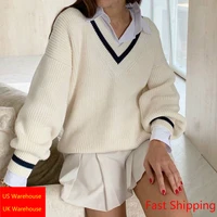 v neck white casual sweater women preppy style korean long sleeve jumpers ladies high street autumn winter pullover