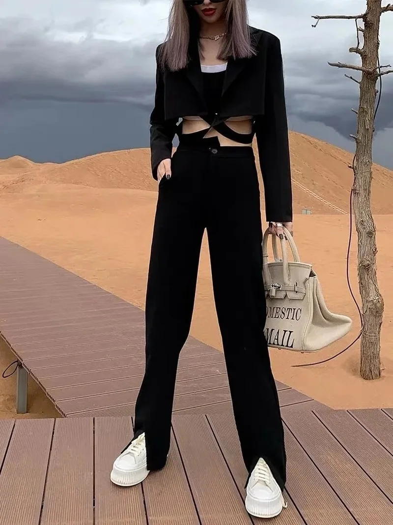 

Solid Colors Irregular Design Straight Harem Pants High Waist Loose Blazer Suit Pants Women Black Cool Fashion Tailored Trousers