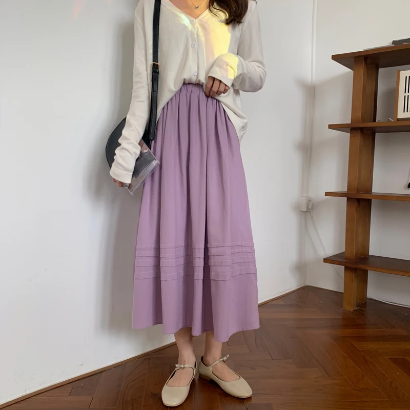 

Elastic Waist Long Midi Skirts Women A-Line Loose Casual Summer Dress Cotton Striped Korean Solid Elegant Streetwear Office Z112