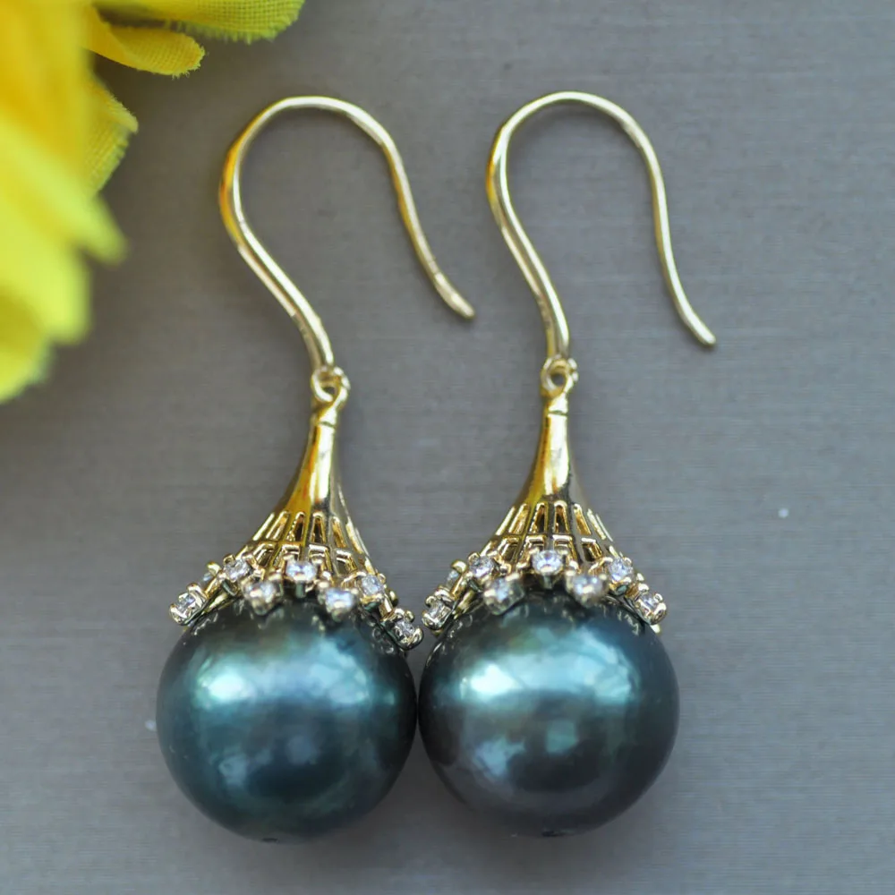 

Z10941 14mm Peacock-Black Round Edison Keshi Pearl Dangle Earring CZ