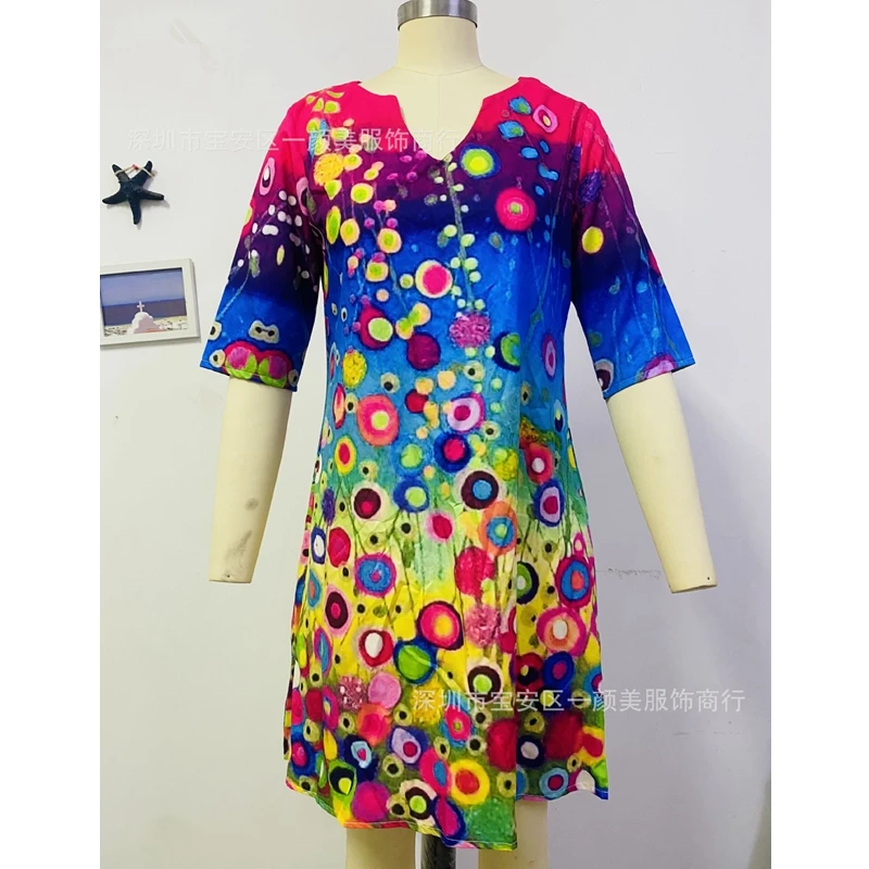 

Lugentolo Vintage Dress Summer Half Sleeve V-Neck Printed Linen Plus Size A-LINE Plus Size Short Dresses for Women