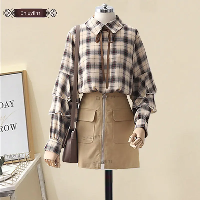 

2020 Women Spring Fall Basic Shirts Blouses Long Sleeve Ruffled Bow Tie Tops Plaid Shirt Vintage Cute Clothes E629