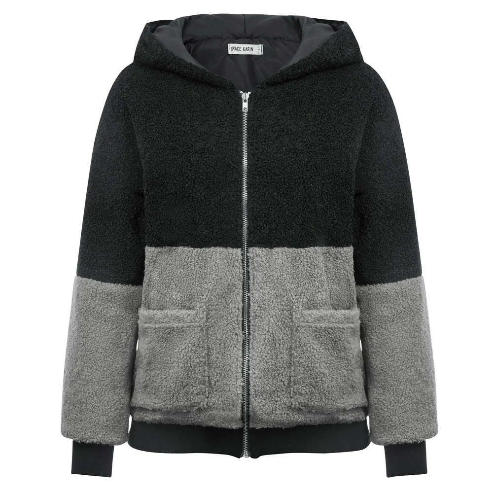 Женское пальто из флиса с капюшоном контрастного цвета зимнее теплое верхняя