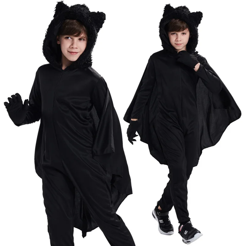 Черный костюм летучей мыши для мальчиков и девочек Комбинезон с капюшоном на