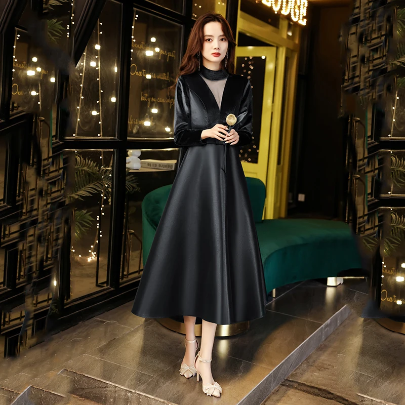 

Black Velour Evening Dress Full Sleeves Elegant Pleat A-Line Tea-Length Zipper Back High Neck New Woman Formal Party Gown A648