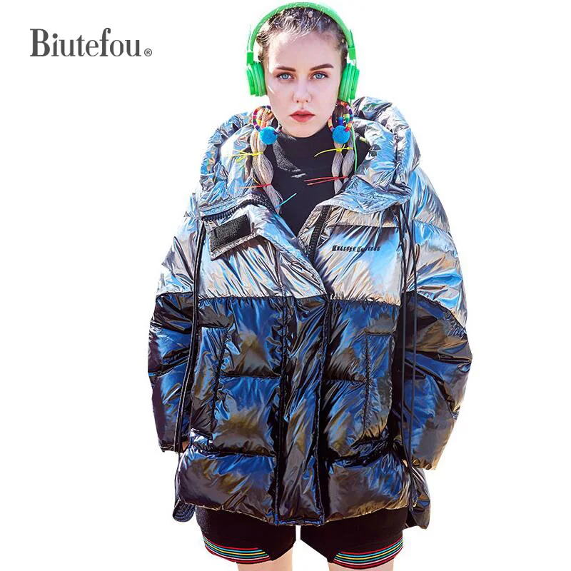 Фото 2019 зимние толстые пуховики металлический цвет теплые женские пальто с