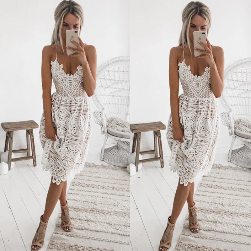 

Женское кружевное платье с открытой спиной, привлекательное лоскутное платье на бретелях-спагетти с глубоким вырезом и перекрестными лямк...