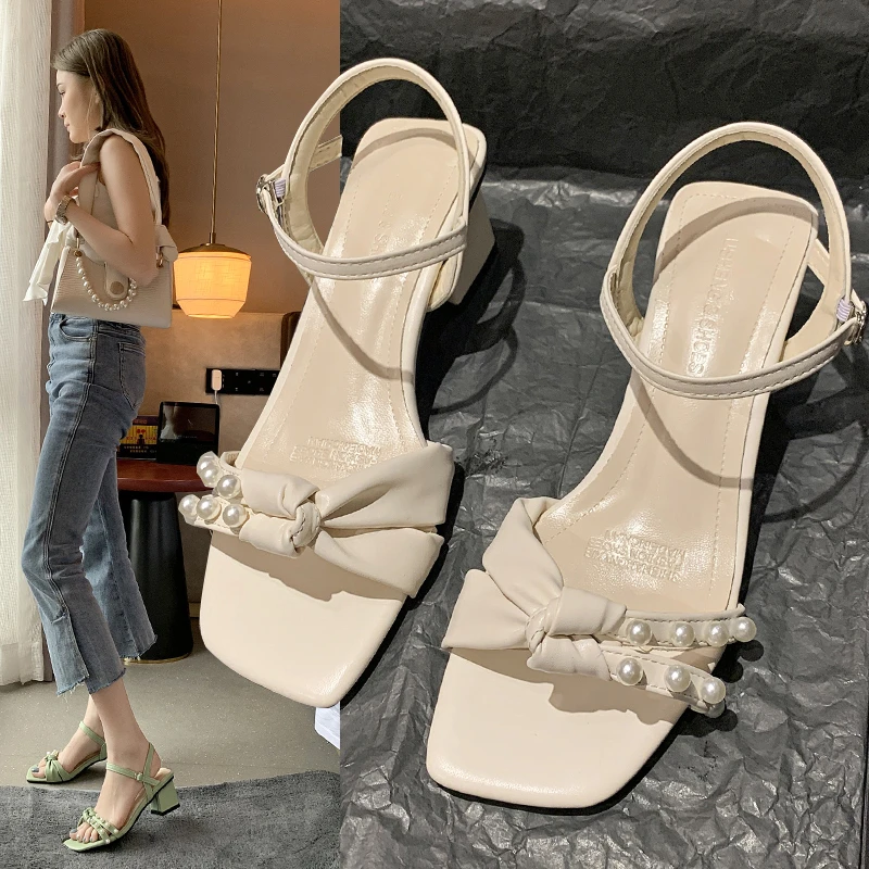 

Sandals women's summer 2021 popular new summer versatile bowknot middle heel summer thick heel high heel shoes