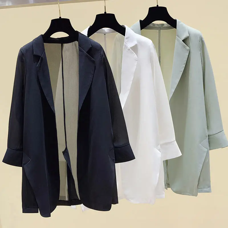 

2021 Spring Summer Mid-long All-matched New Chiffon Blazers Suit Women Coat Thin Loose White Suit Office Lady Wear aq428