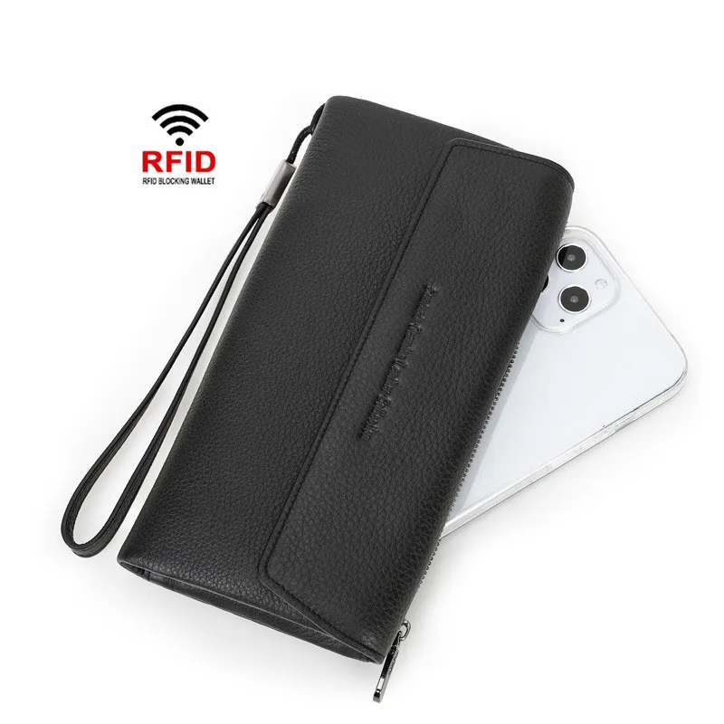RFID Anti-theft Genuine Leather Men Wallet Fashion Solid Color Mens Long Clutch Wallets Coin Purse Card Holder Black Phone Bag