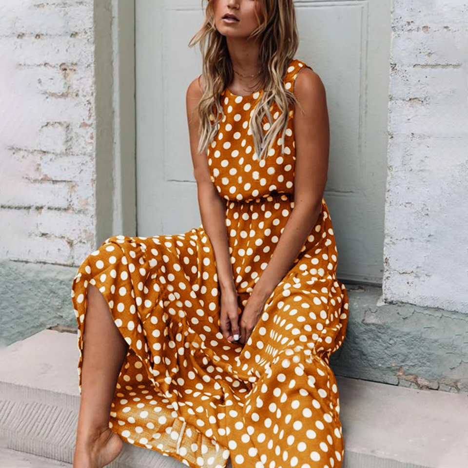 

2021 New Hot Sale Spring Summer Fashion Polka Dot Print Dresses Round Neck Sleeveless Street Style Long Dress Women Cute Dress