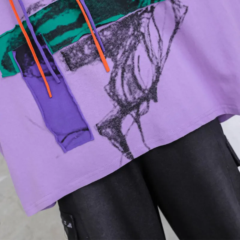 

Max LuLu British Fashion 2021 Summer Clothes Women Printed Hooded Tees Ladies Street Style Purple T-shirts Female Tops Plus Size