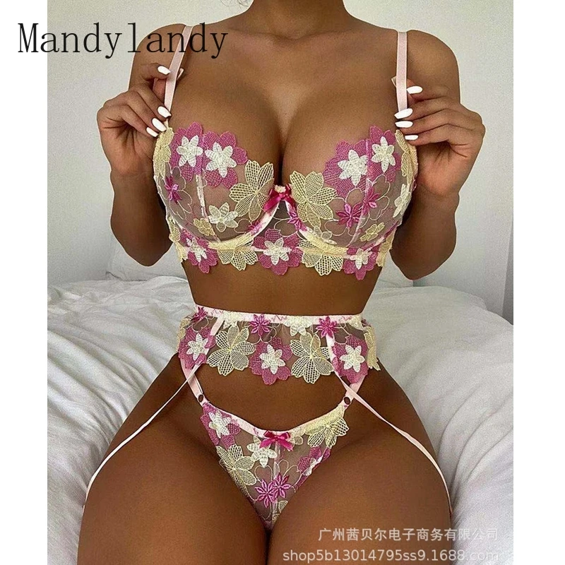

Mandylandy Sexy Spaghetti Strap Strapless Bra + Bandage Hollow Out Panties Suit Women's Lace Embroidery Stitching Underwear Set