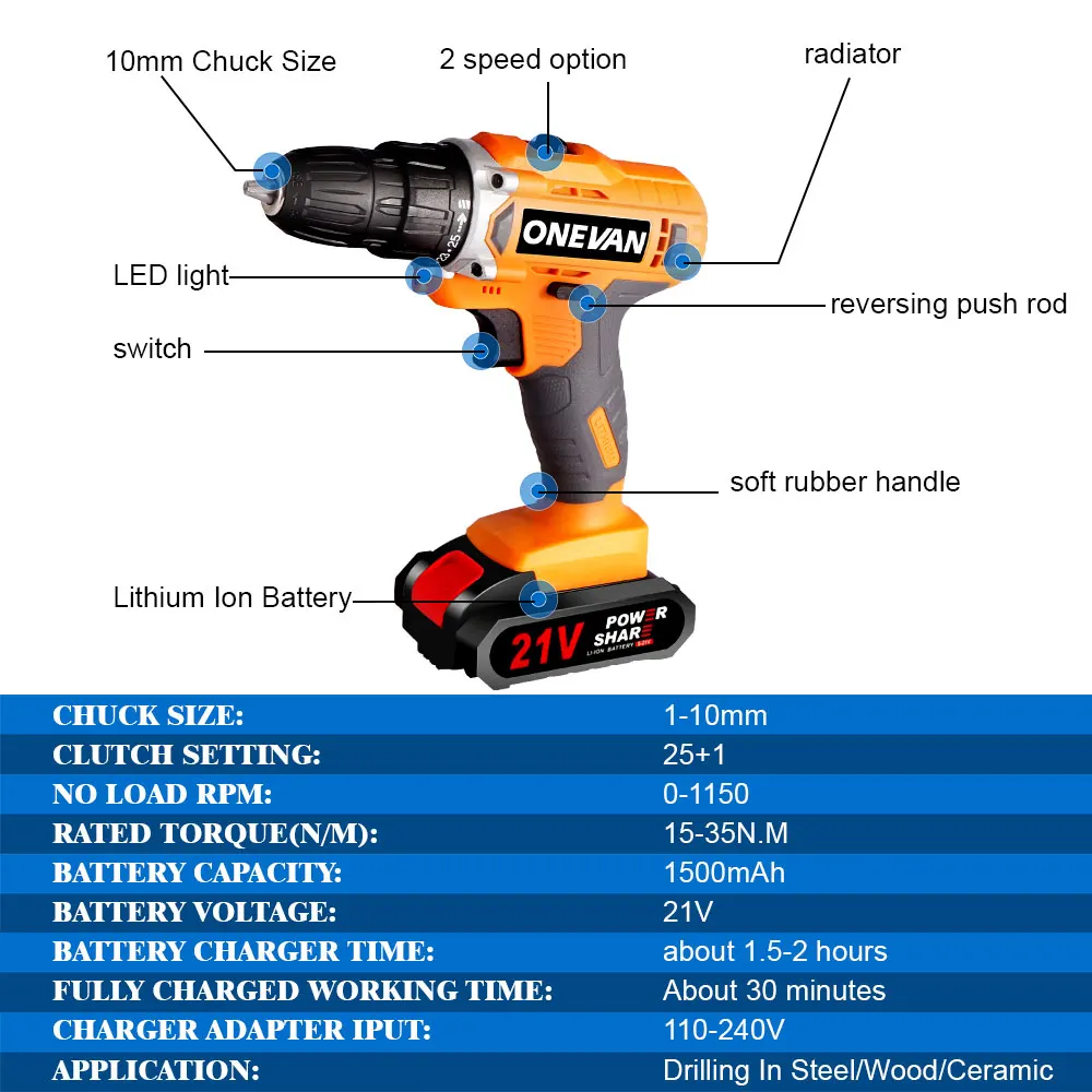 

Cordless Electric Drill 12V 16V 21V Impact Electric Screwdriver Rechargeable Lithium-Ion Battery Power Tools 3/8-Inch 2-Speed
