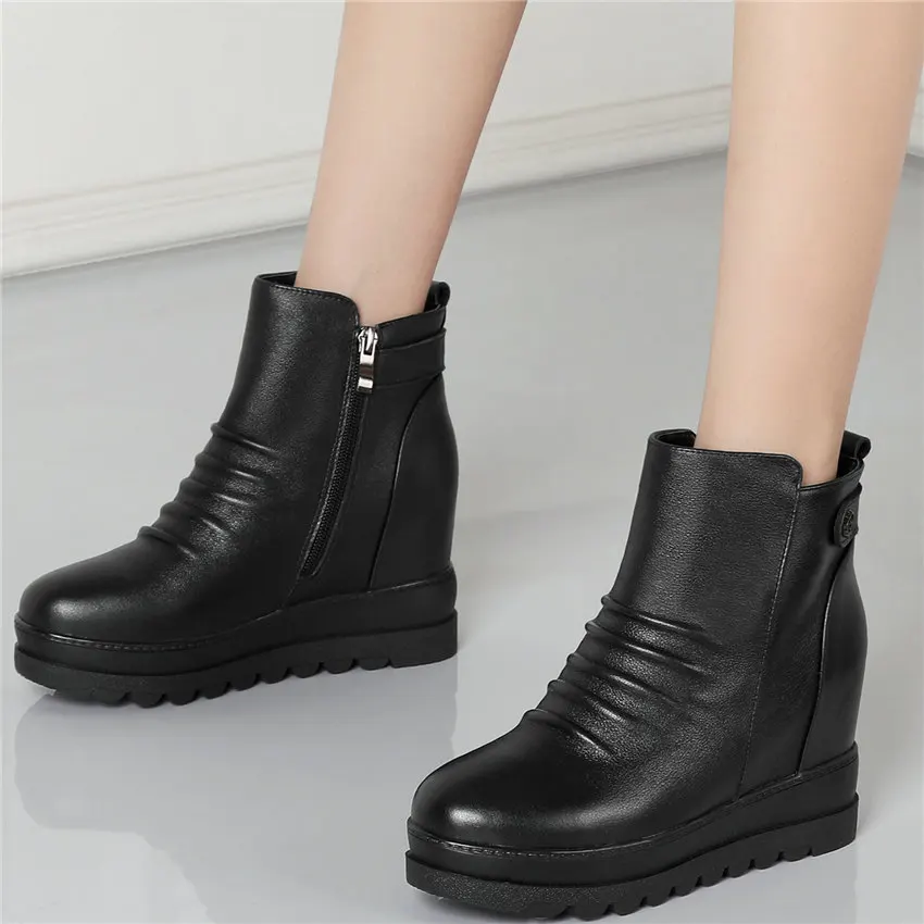 

Lace Up Fashion Sneakers Women Pleated Genuine Leather High Heel Ankle Boots Female Round Toe Platform Pumps Shoes Casual Shoes