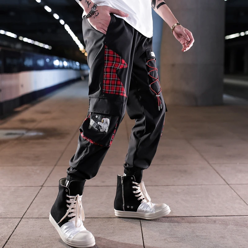 

New Autumn Hip Hop Fashion Harajuku Casual Korean Style Overalls Patchwork Bottom-tied Overalls Casual Elastic Waist Pants