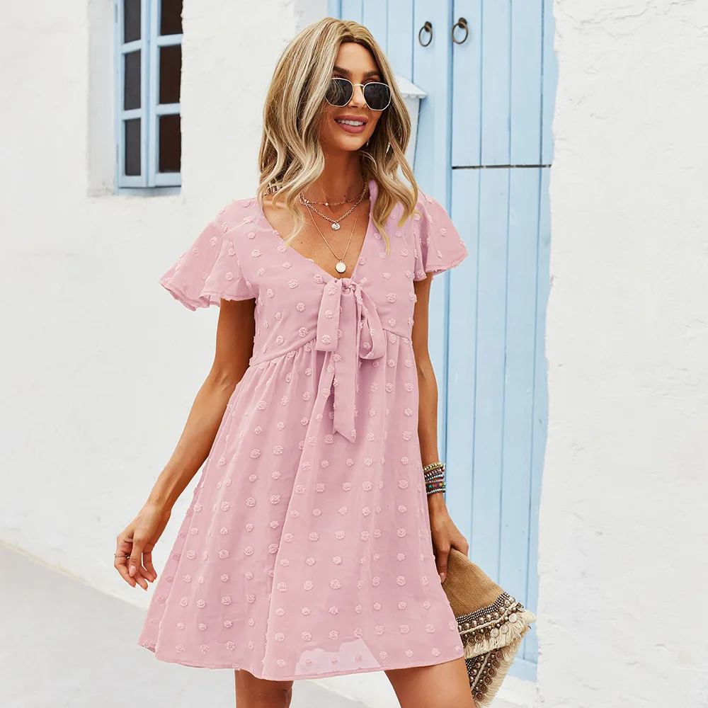 

Summer Loose Casual Bowknot Hair Ball Ruffled Flying Sleeve Womens Mini Dress Sexy V-neck Fashion Short A-line Skirt