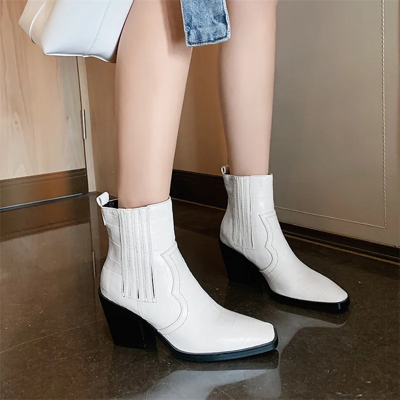 

ANNYMOLI Women Mid-Calf Boots Shoes High Heel Ladies Boots Square Toe Block Heels Female Footwear Autumn Blue White Yellow 43