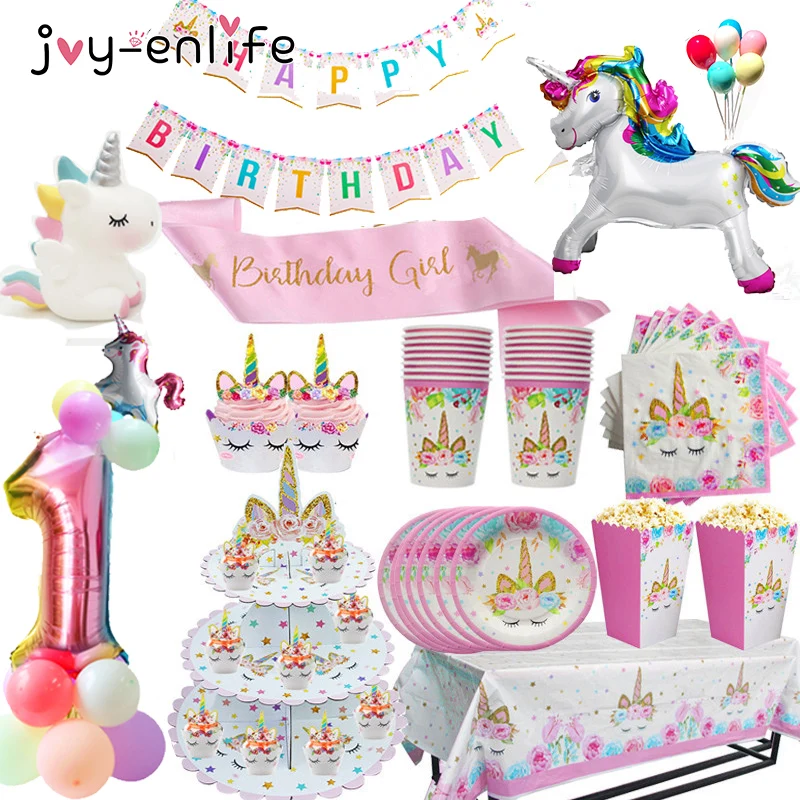 Единорог украшение набор бумажной посуды День рождения украшения для девочек на