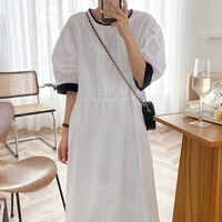 2020 summer korean chic retro o neck contrast color pleated design loose over the knee long bubble sleeve dress women