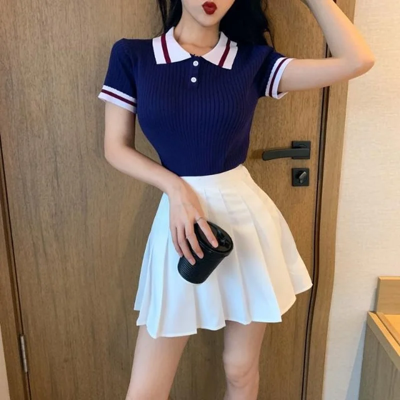 

Summer Clothes 2021 New Fashion Women Set Stretch Short Sleeve Knit Tops and High Waist Mini Pleated Skirt Two Piece Suit Y108