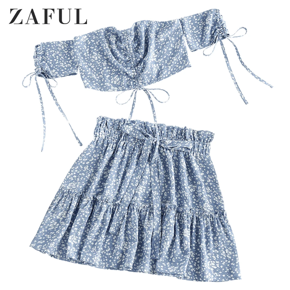 

ZAFUL Boho Tiny Floral Cinched Off Shoulder Skirt Set Shirred Short Sleeves Top And Bowknot Skirt Summer Ruffle Skirt Set Sets