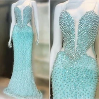luxury sky blue pearls long lace evening dresses mermaid sweertheart cut out sexy prom dress vestidos de noiva custom made