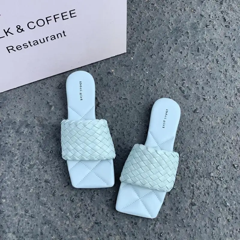 

ZAR A Woman 2021 Shoes New Summer Luxury Fashion Weave Square Toe Women Sandals Slippers Flat-Heeled Beach Shoes Chaussure Femme