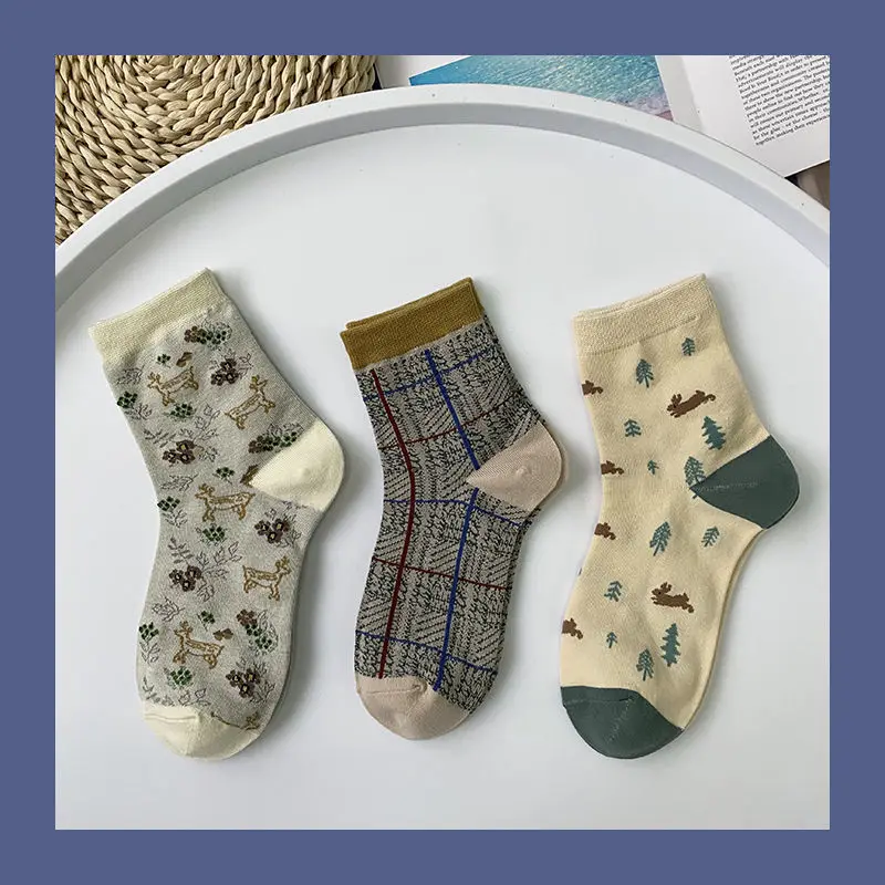 

Socks Women Harajuku Kawaii Vintage High Elasticity Print Casual All-match Students Friends Deodorant Spring Popular Retro 3pcs